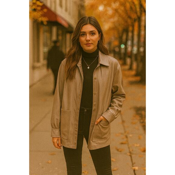 H by Halston Belted Faux Leather Shacket XS Beige Pockets Fall Layer Neutral - Picture 1 of 6